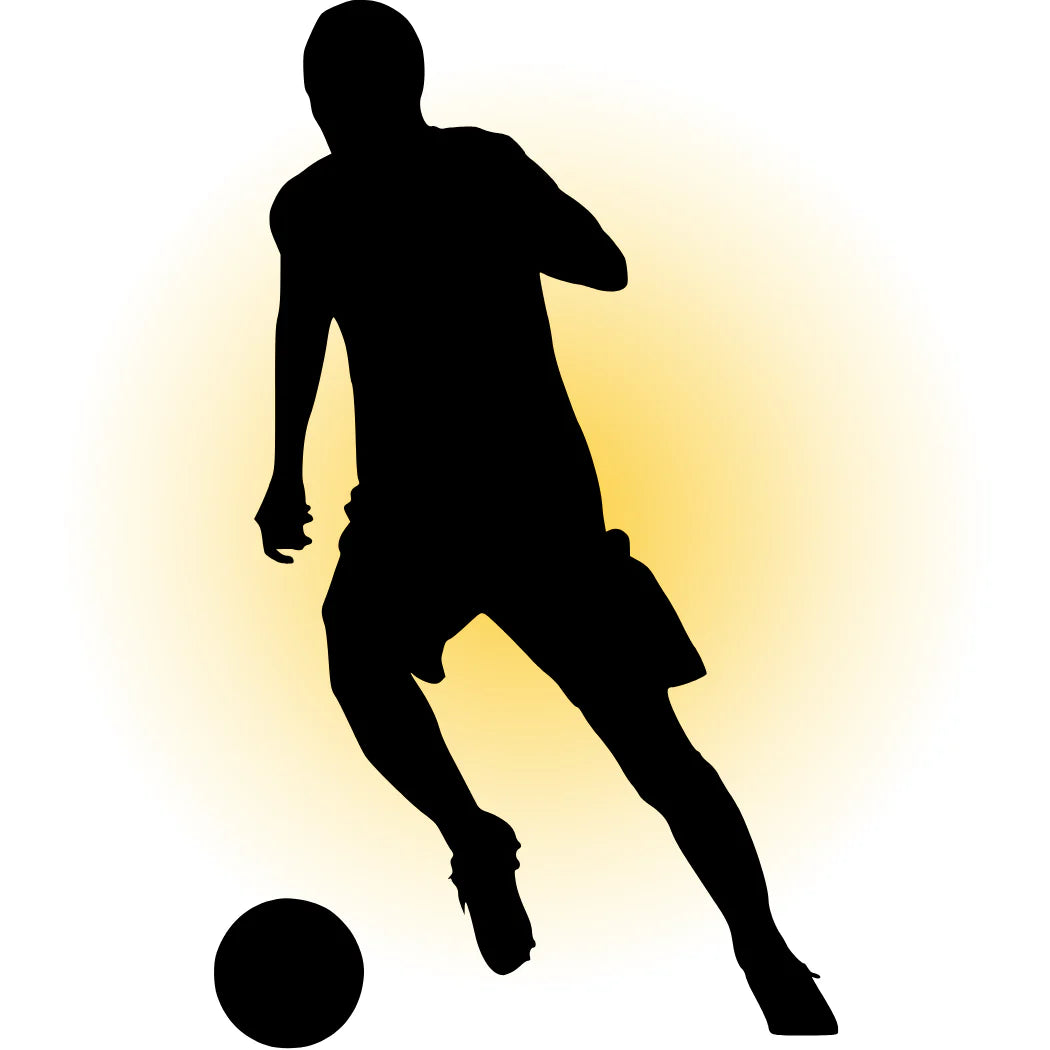 Silhouette of a soccer player dribbling a ball with a glowing yellow gradient background, perfect for sports and training concepts.