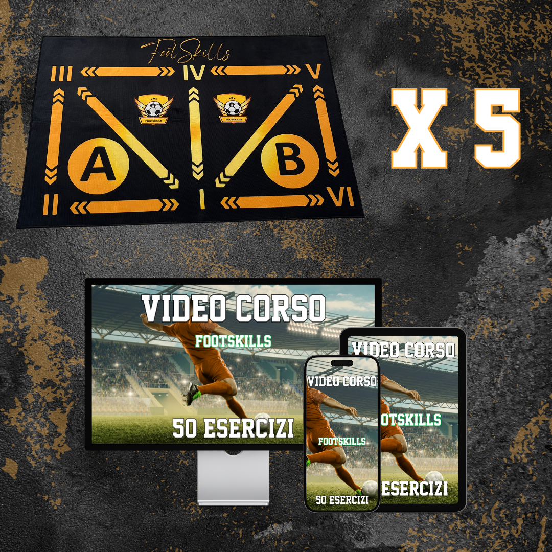 Materiale pubblicitario FootSkills che mostra 5 tappetini di allenamento con marcature per esercizi A e B, accanto a un monitor e uno smartphone che riproducono un video corso di 50 esercizi.