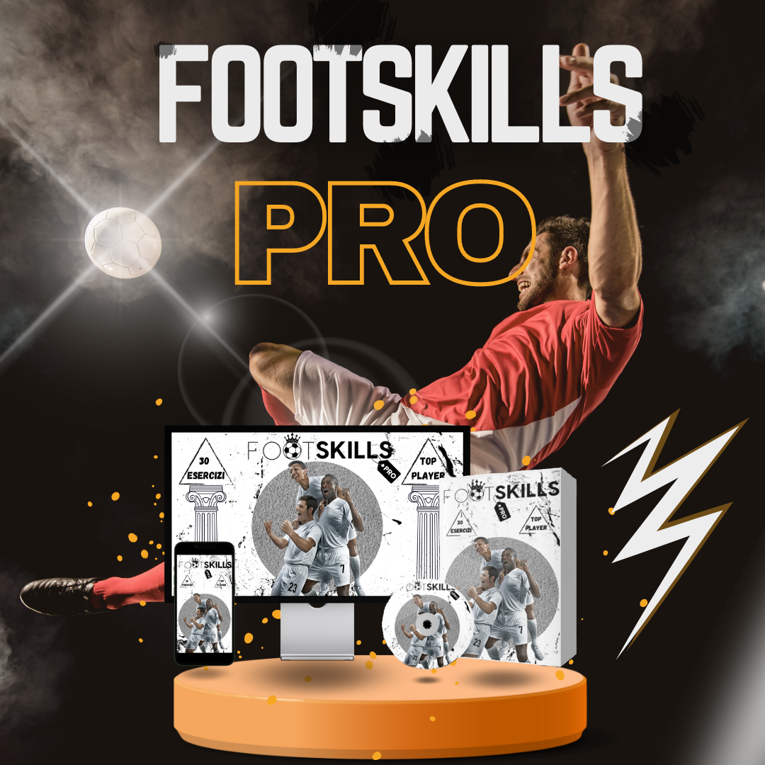 Materiale promozionale di FootSkills PRO con un calciatore in azione, video corsi e immagini di esercizi, evidenziando l'aspetto professionale del prodotto.