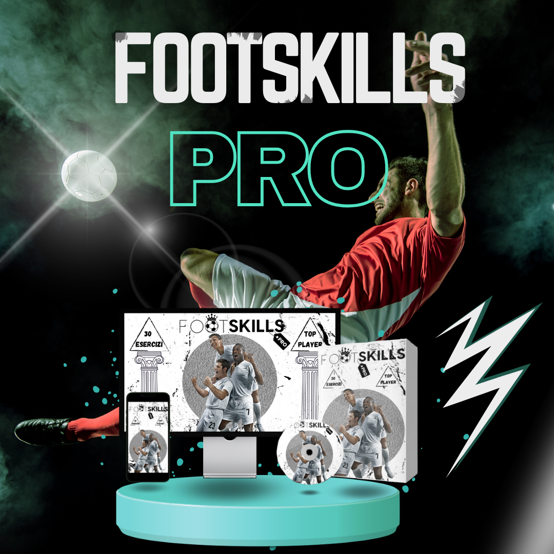 Presentazione di FootSkills Pro con materiali video avanzati per l'allenamento dei calciatori, in un dinamico sfondo verde con un pallone illuminato.