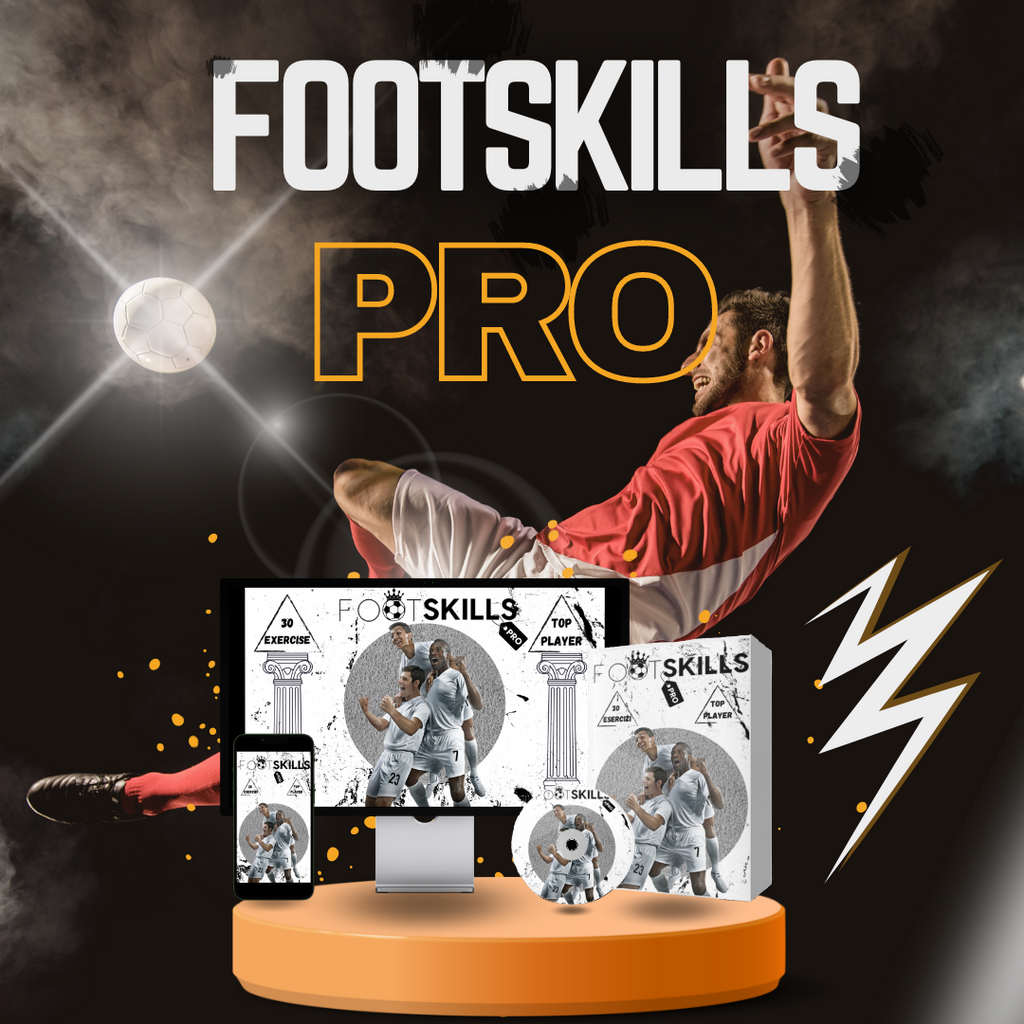 Grafica promozionale FootSkills Pro con un calciatore in azione, immagini di prodotti multimediali per l'allenamento e un fulmine dinamico che simboleggia energia e potenza.