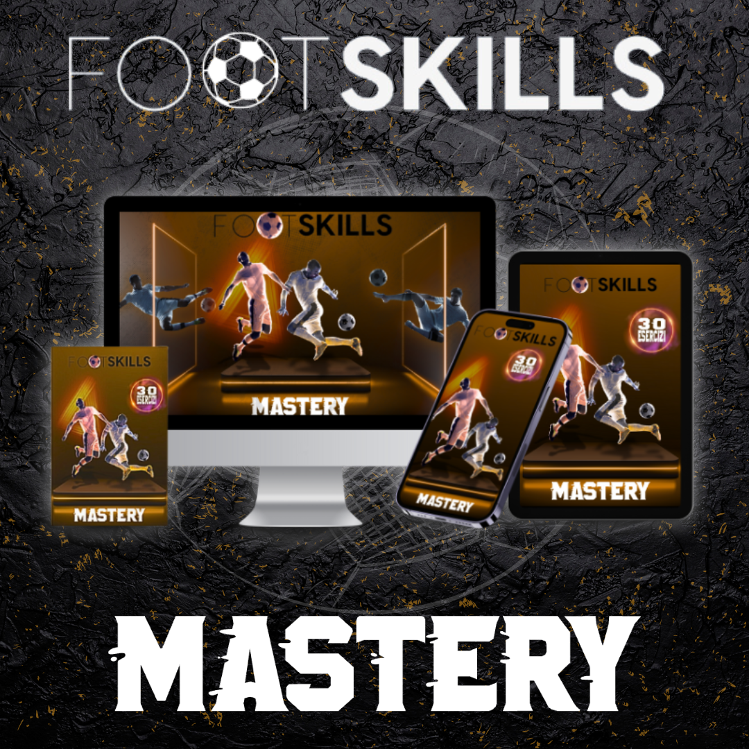 Banner del programma Footskills Mastery visualizzato su computer, tablet e smartphone, con immagine di calciatori in azione e 30 esercizi inclusi.