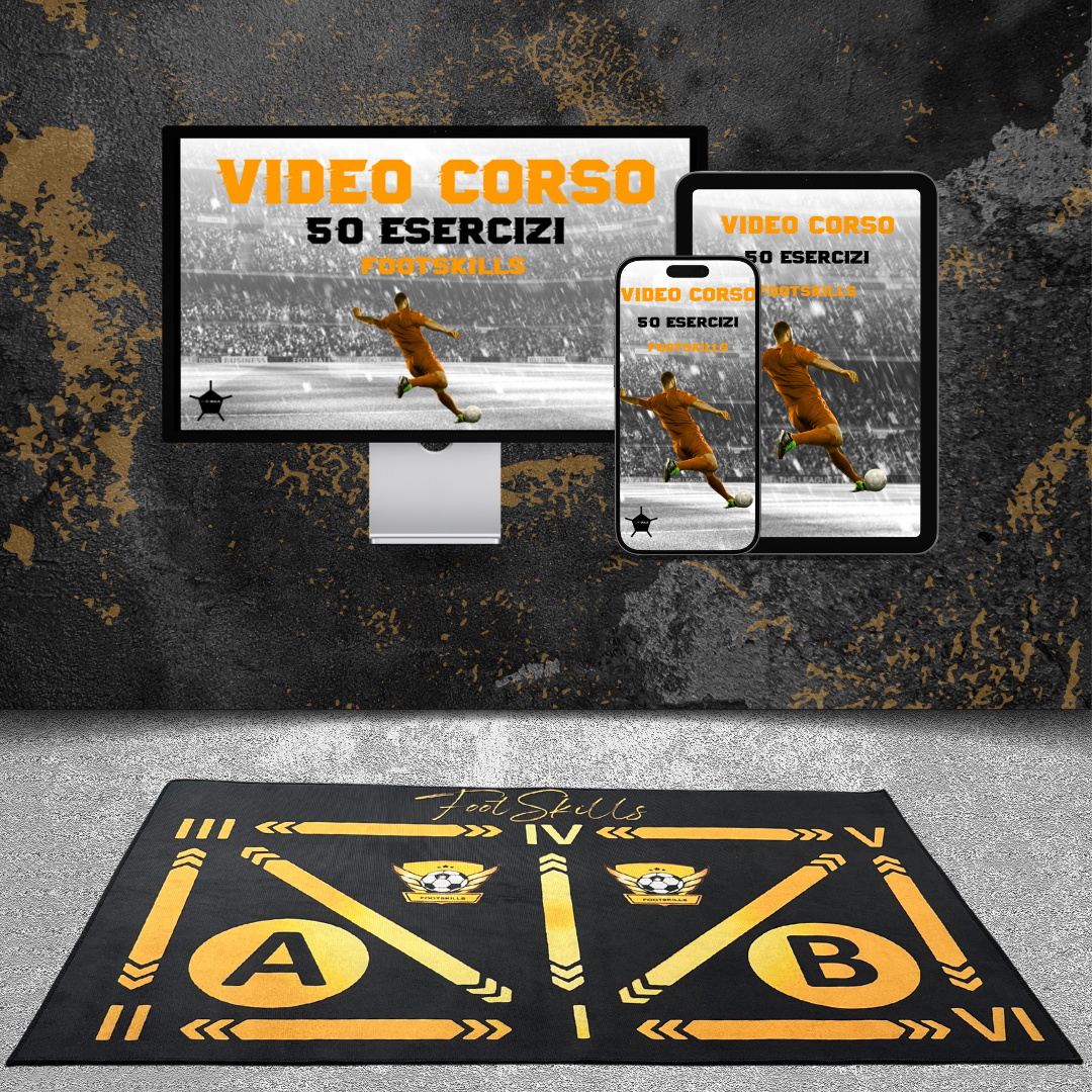 Kit di allenamento FootSkills con tappetino e corso video di 50 esercizi per il miglioramento delle abilità calcistiche.