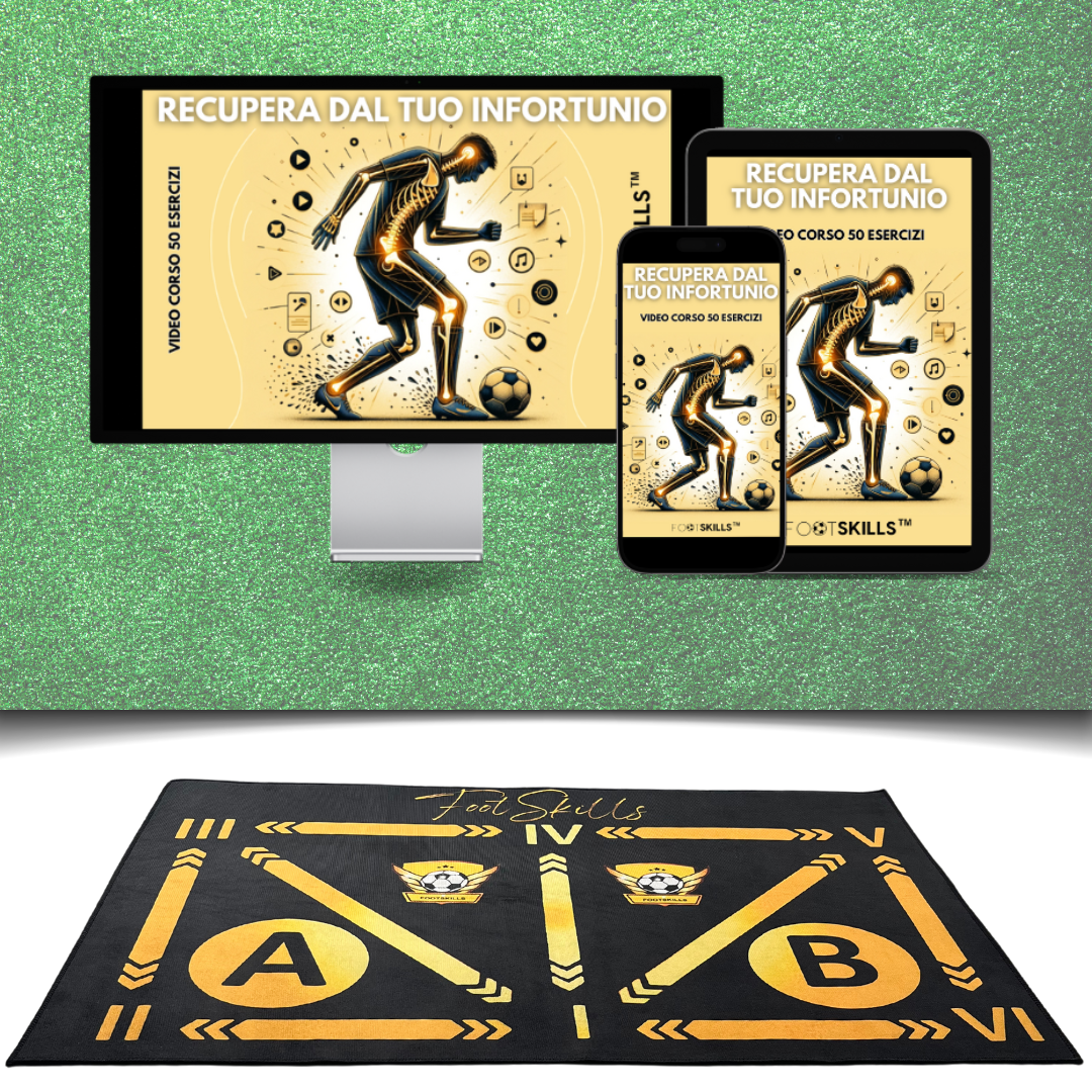 Un kit di riabilitazione FootSkills con video corso di esercizi per aiutare nel recupero da infortuni, presentato su diversi dispositivi elettronici accanto a un tappeto di allenamento.