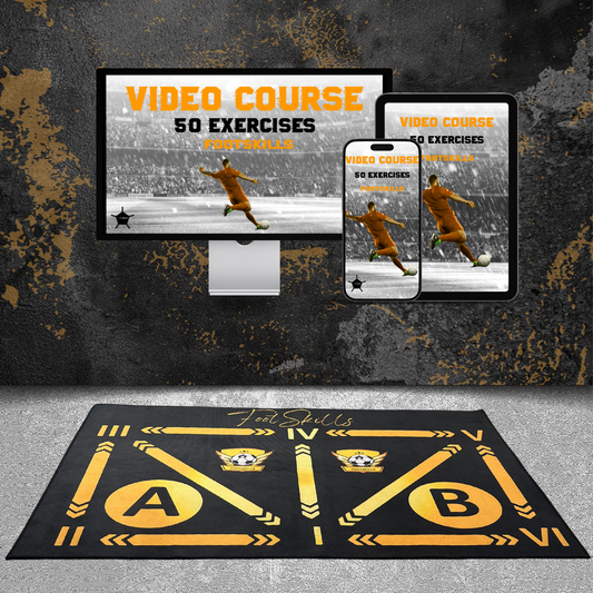 FootSkills training kit with mat and video course of 50 exercises for improving soccer skills.