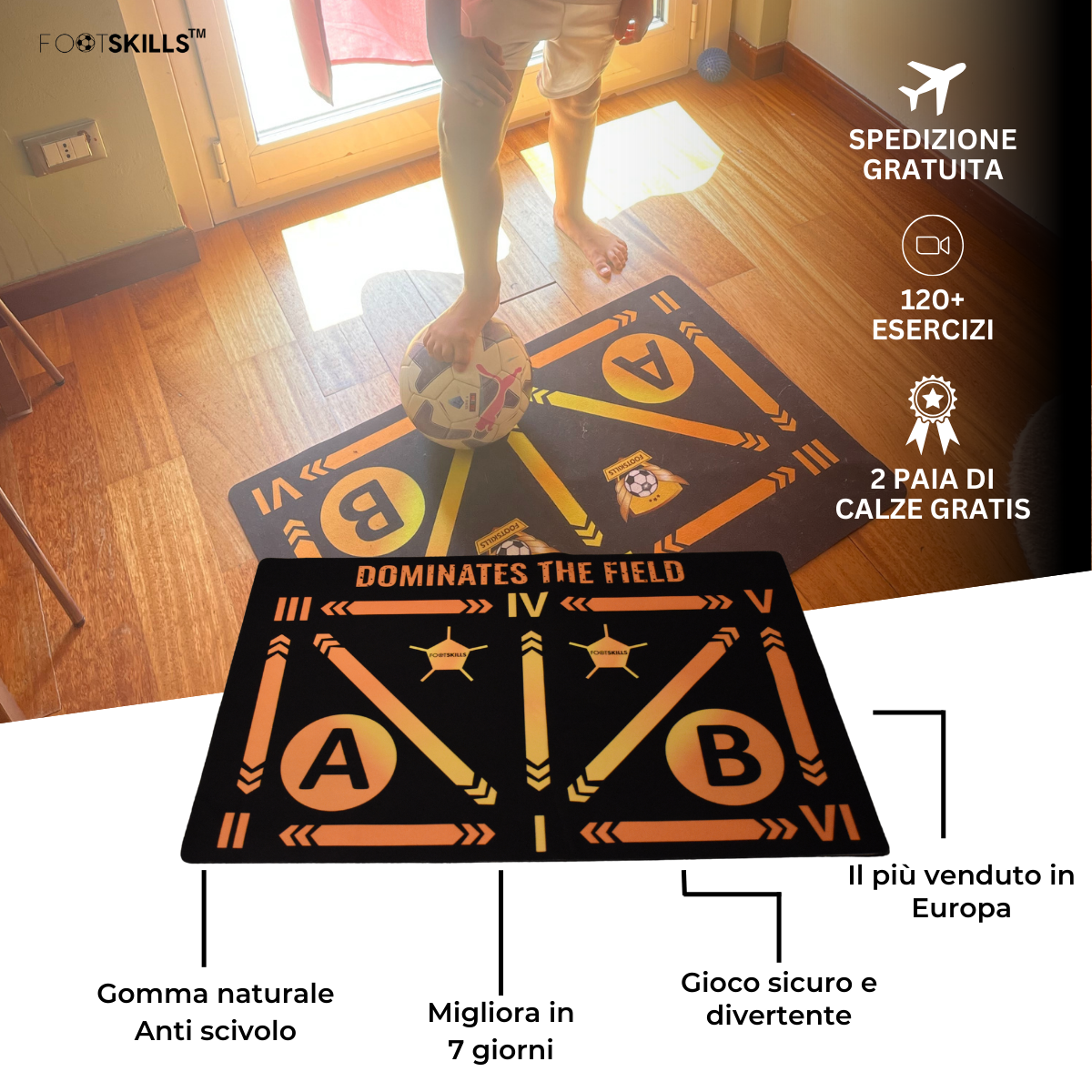 Bambino che utilizza il tappetino da allenamento FootSkills su un pavimento in legno, con focus sui benefici come gomma naturale antiscivolo, miglioramento in 7 giorni, gioco sicuro e divertente.