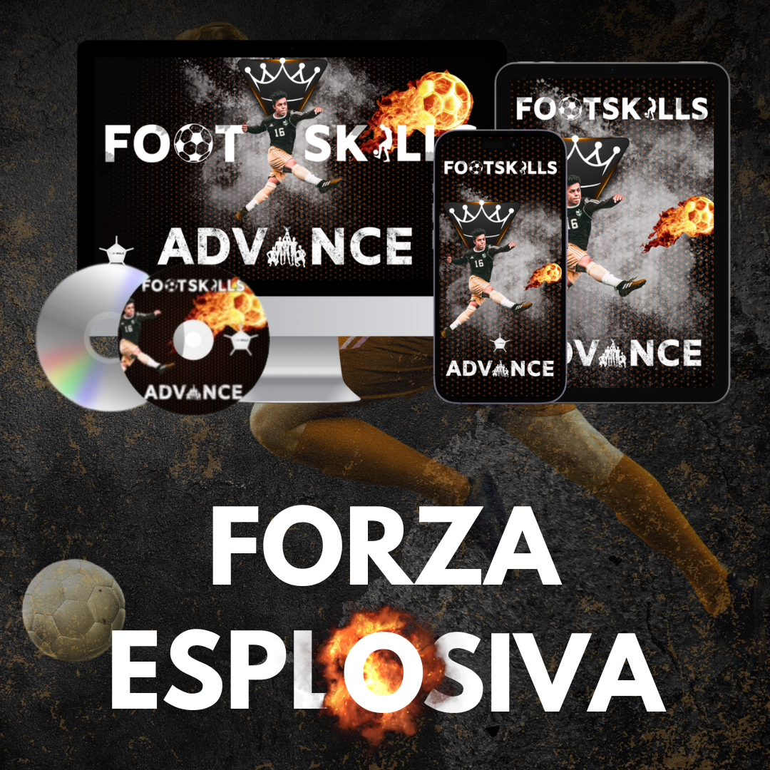 FOOTSKILLS ADVANCE promuove forza esplosiva con un calcio dinamico e accattivante, presentato su dispositivi multimediali su uno sfondo di campo da calcio con effetti di fiamma.
