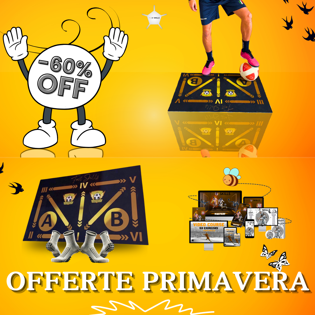 erta primavera Footskills: tappetino da allenamento per migliorare le abilità calcistiche, con 120 esercizi video e due paia di calze antiscivolo in omaggio. Promozione -60% per potenziare il controllo palla e la coordinazione.